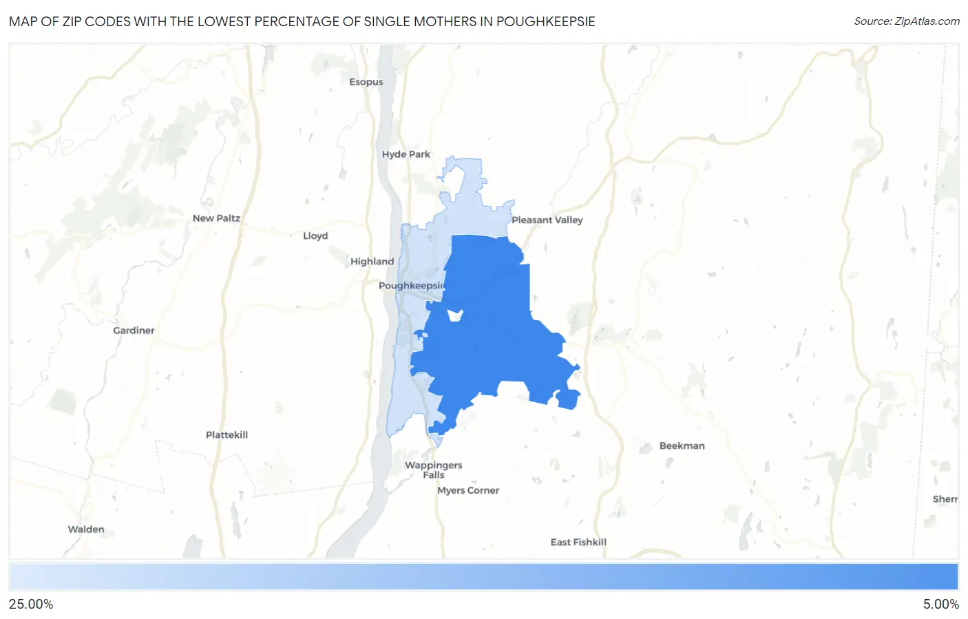 Zip Codes with the Lowest Percentage of Single Mothers in Poughkeepsie Map