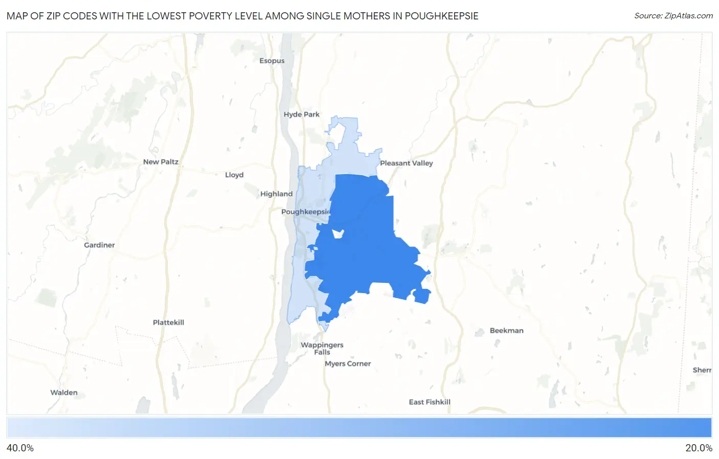 Zip Codes with the Lowest Poverty Level Among Single Mothers in Poughkeepsie Map