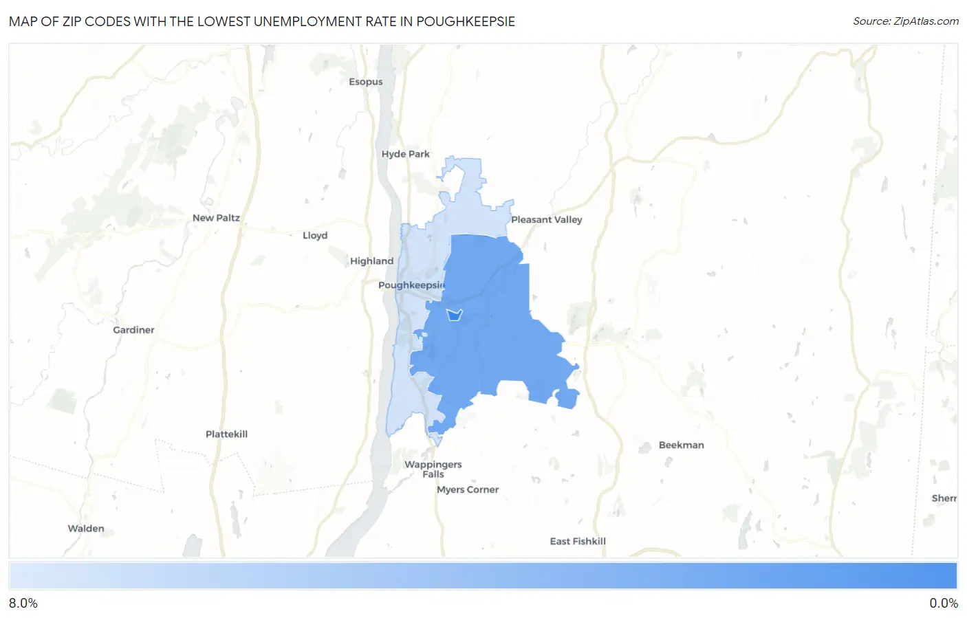 Zip Codes with the Lowest Unemployment Rate in Poughkeepsie Map