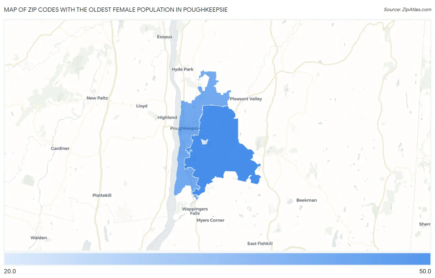 Zip Codes with the Oldest Female Population in Poughkeepsie Map