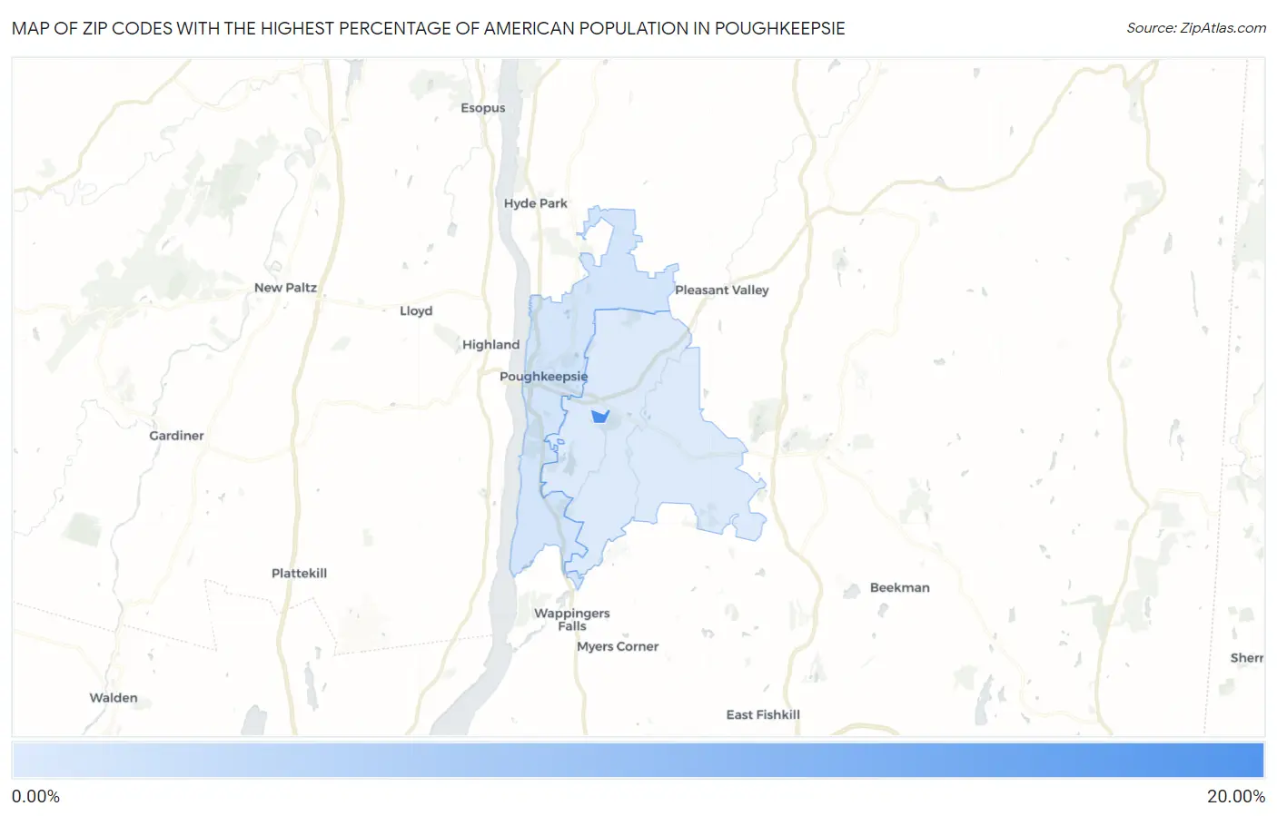 Zip Codes with the Highest Percentage of American Population in Poughkeepsie Map