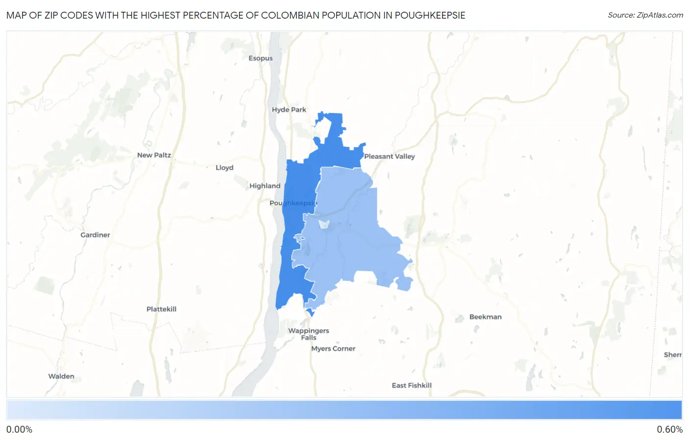Zip Codes with the Highest Percentage of Colombian Population in Poughkeepsie Map