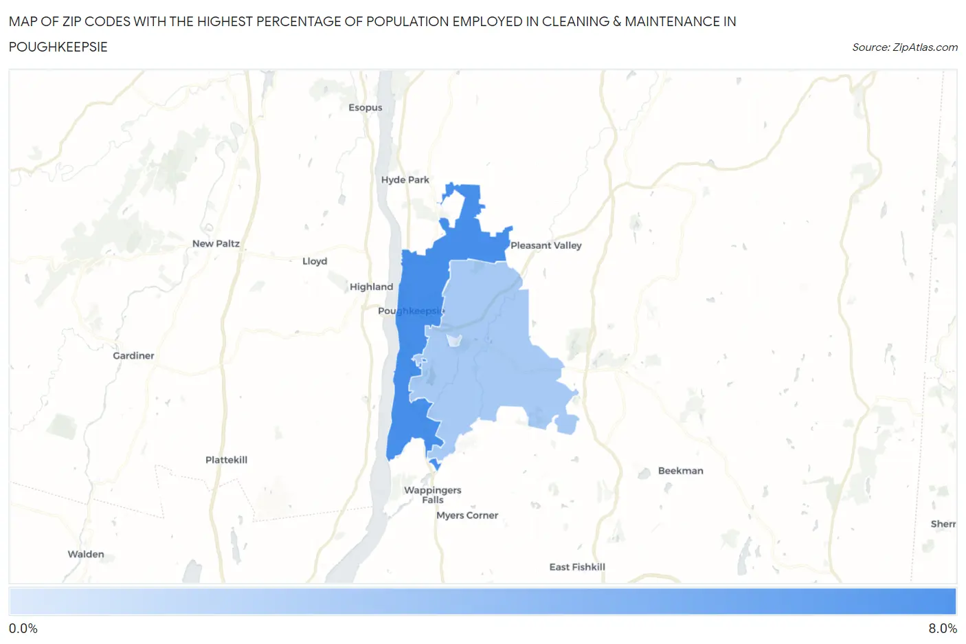 Zip Codes with the Highest Percentage of Population Employed in Cleaning & Maintenance in Poughkeepsie Map