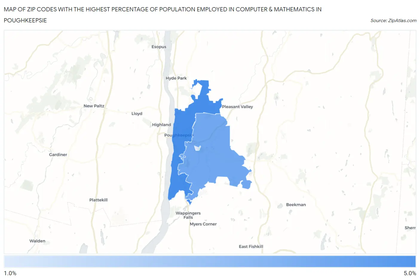 Zip Codes with the Highest Percentage of Population Employed in Computer & Mathematics in Poughkeepsie Map
