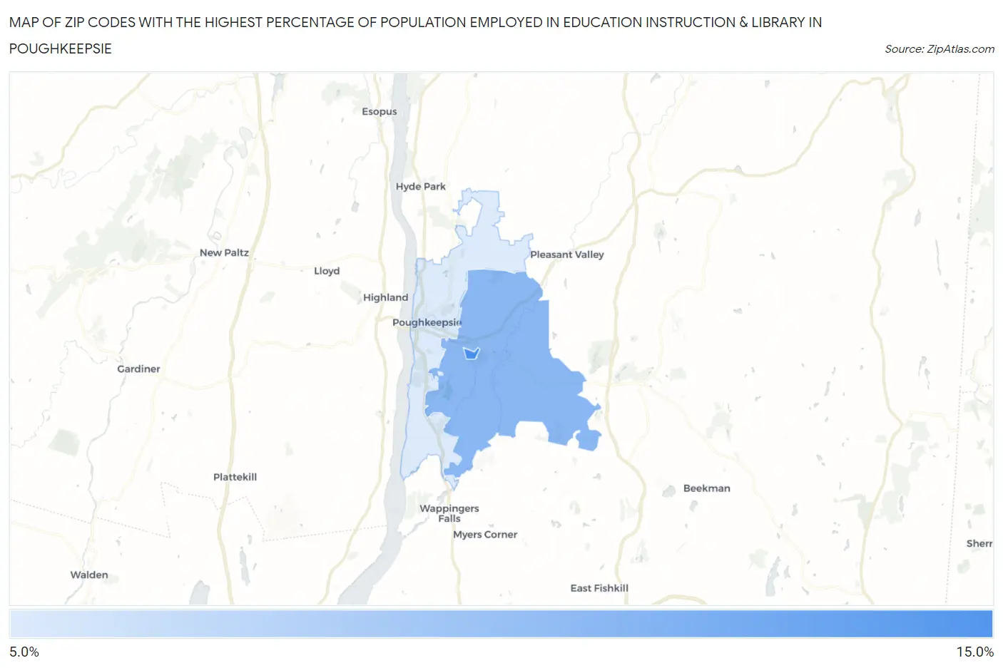 Zip Codes with the Highest Percentage of Population Employed in Education Instruction & Library in Poughkeepsie Map