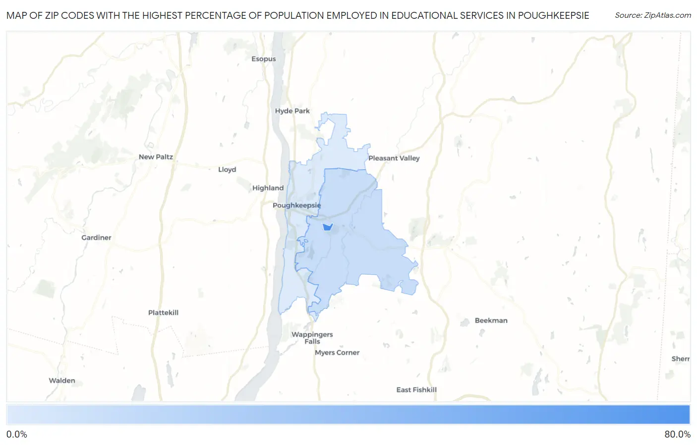 Zip Codes with the Highest Percentage of Population Employed in Educational Services in Poughkeepsie Map