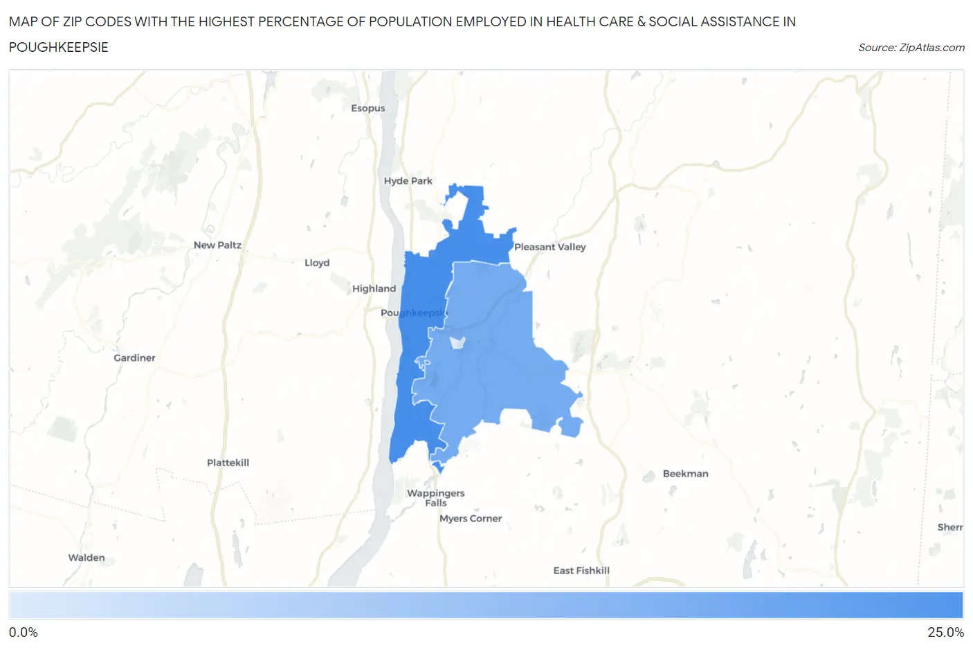 Zip Codes with the Highest Percentage of Population Employed in Health Care & Social Assistance in Poughkeepsie Map