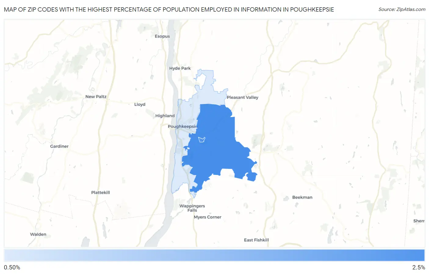 Zip Codes with the Highest Percentage of Population Employed in Information in Poughkeepsie Map