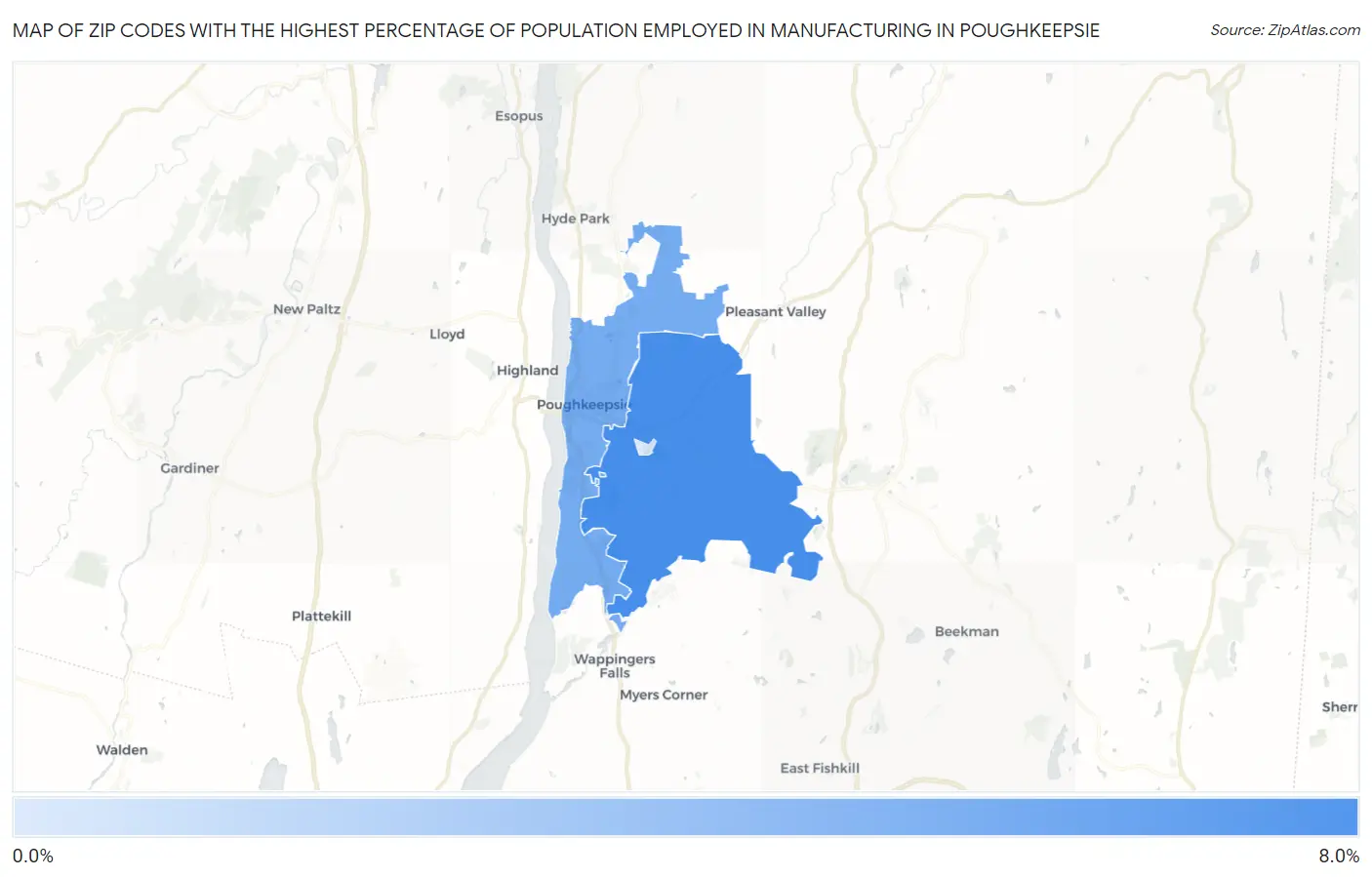 Zip Codes with the Highest Percentage of Population Employed in Manufacturing in Poughkeepsie Map