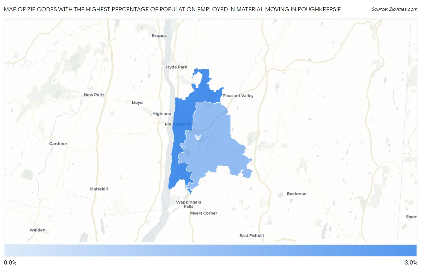 Zip Codes with the Highest Percentage of Population Employed in Material Moving in Poughkeepsie Map