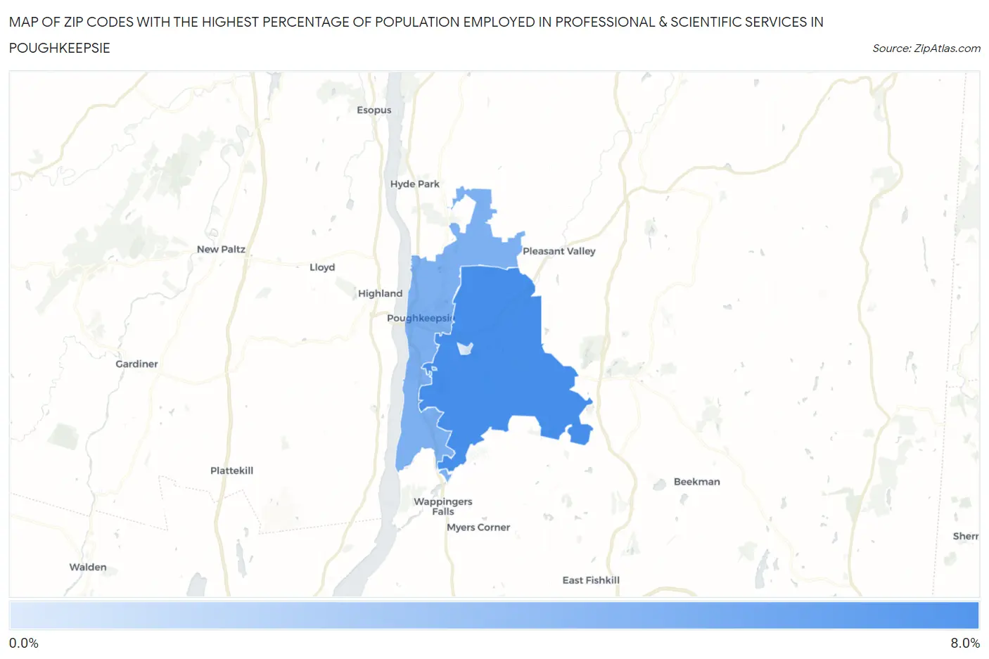 Zip Codes with the Highest Percentage of Population Employed in Professional & Scientific Services in Poughkeepsie Map