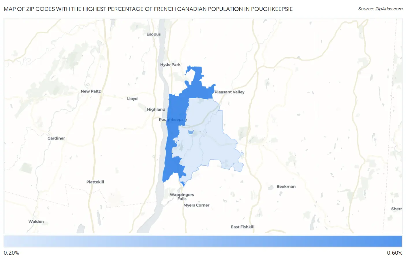 Zip Codes with the Highest Percentage of French Canadian Population in Poughkeepsie Map