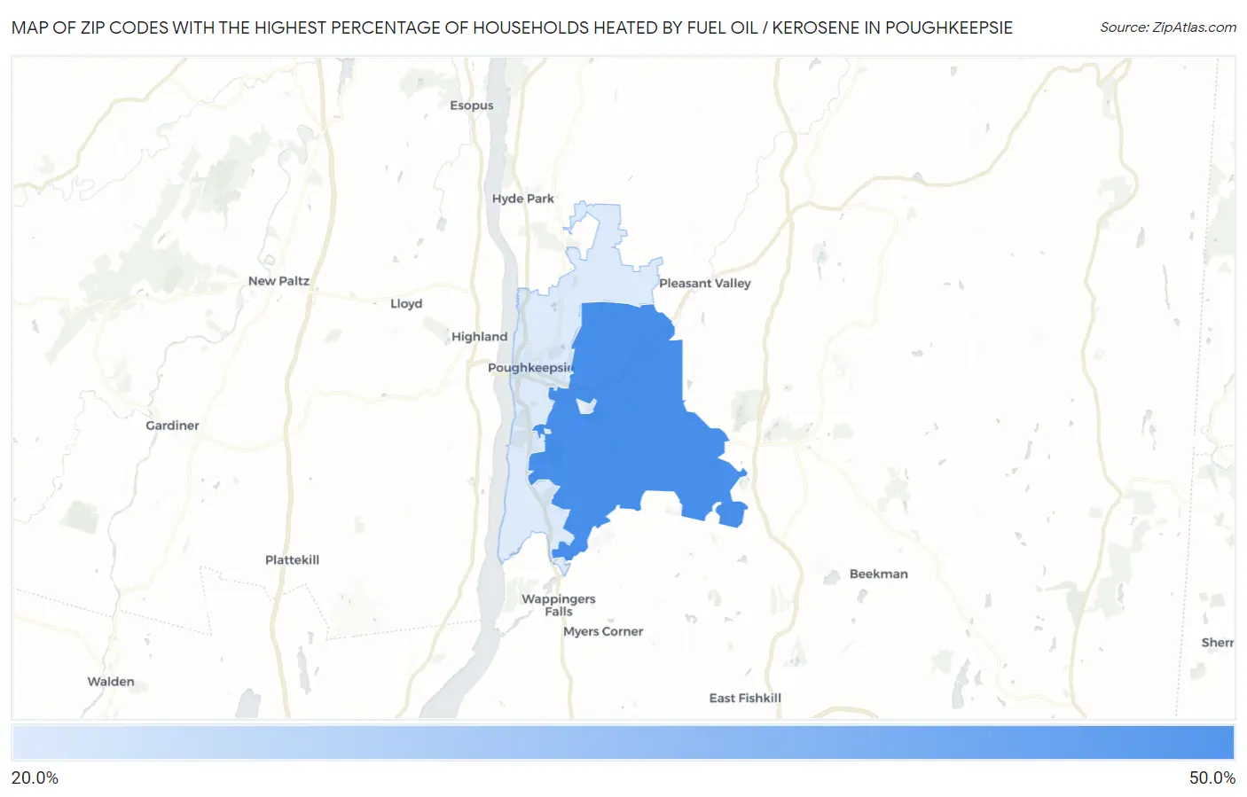 Zip Codes with the Highest Percentage of Households Heated by Fuel Oil / Kerosene in Poughkeepsie Map