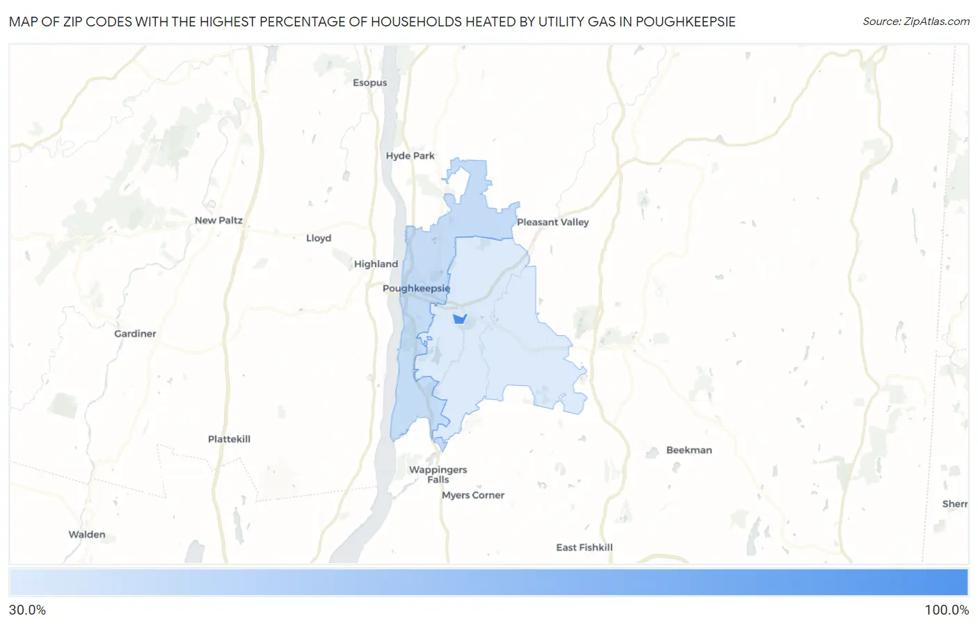Zip Codes with the Highest Percentage of Households Heated by Utility Gas in Poughkeepsie Map