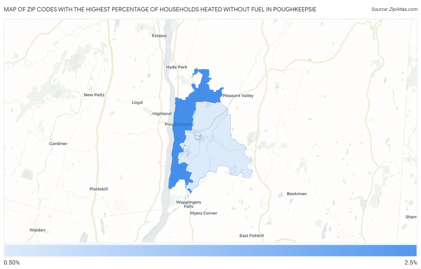 Zip Codes with the Highest Percentage of Households Heated without Fuel in Poughkeepsie Map