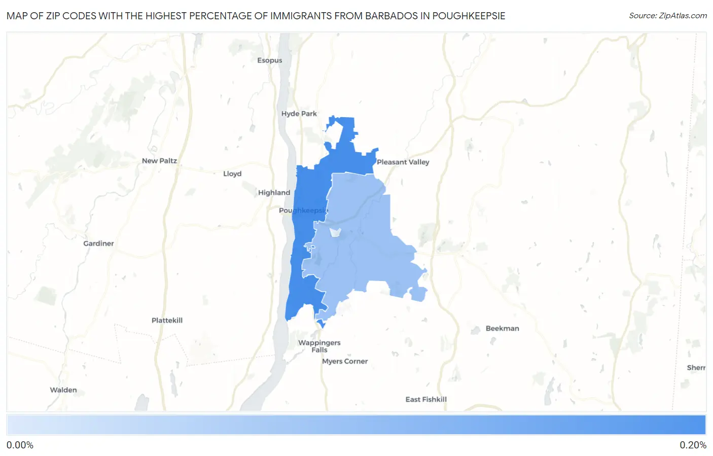 Zip Codes with the Highest Percentage of Immigrants from Barbados in Poughkeepsie Map