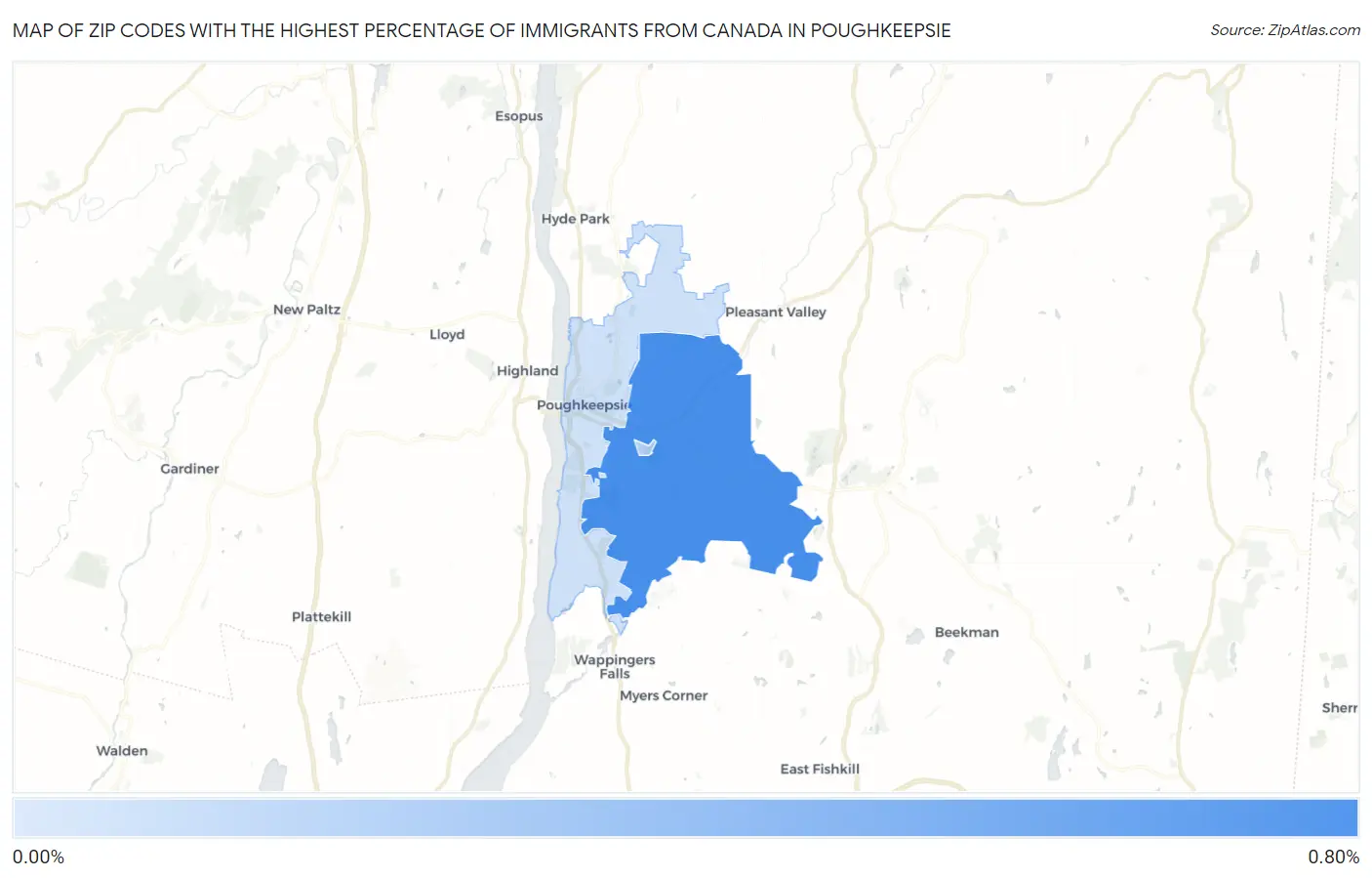 Zip Codes with the Highest Percentage of Immigrants from Canada in Poughkeepsie Map