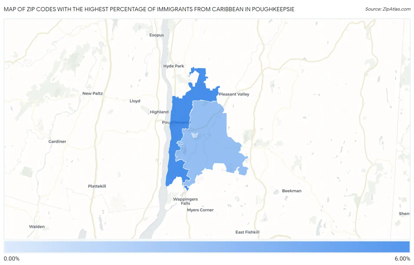 Zip Codes with the Highest Percentage of Immigrants from Caribbean in Poughkeepsie Map