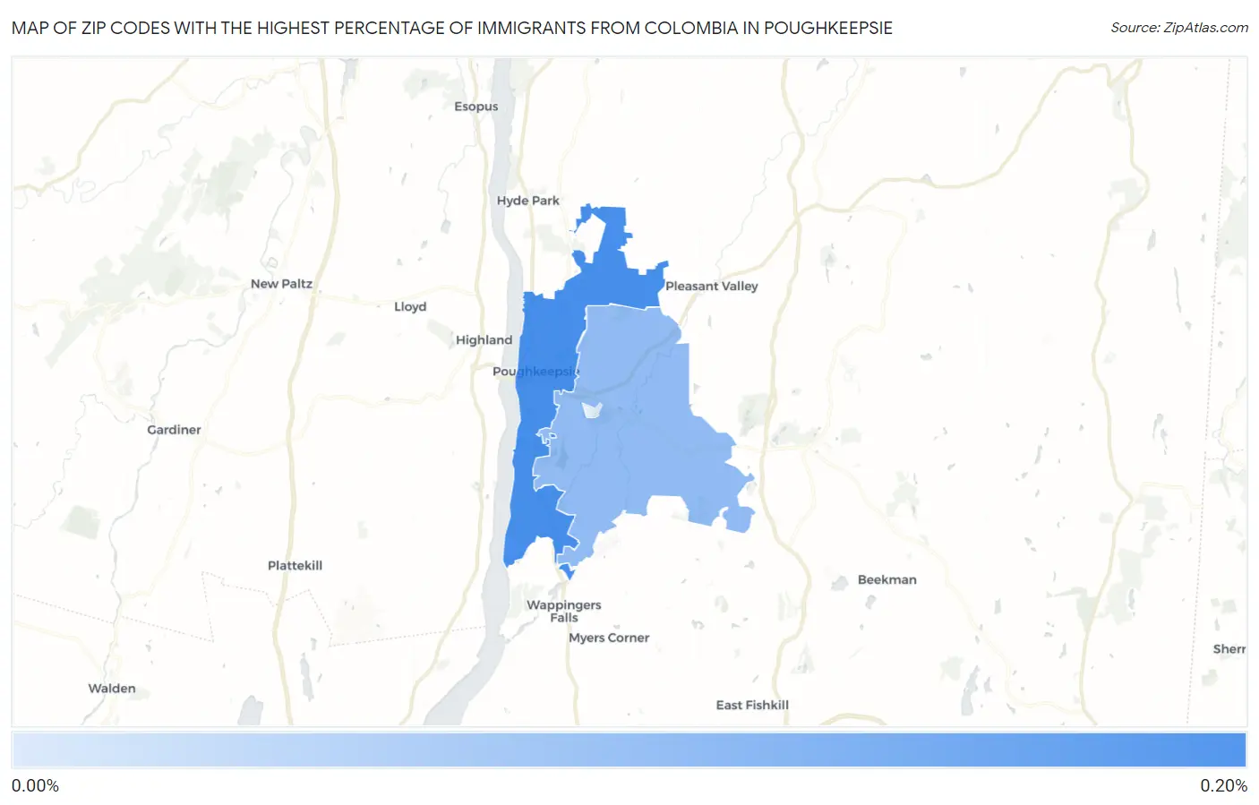 Zip Codes with the Highest Percentage of Immigrants from Colombia in Poughkeepsie Map