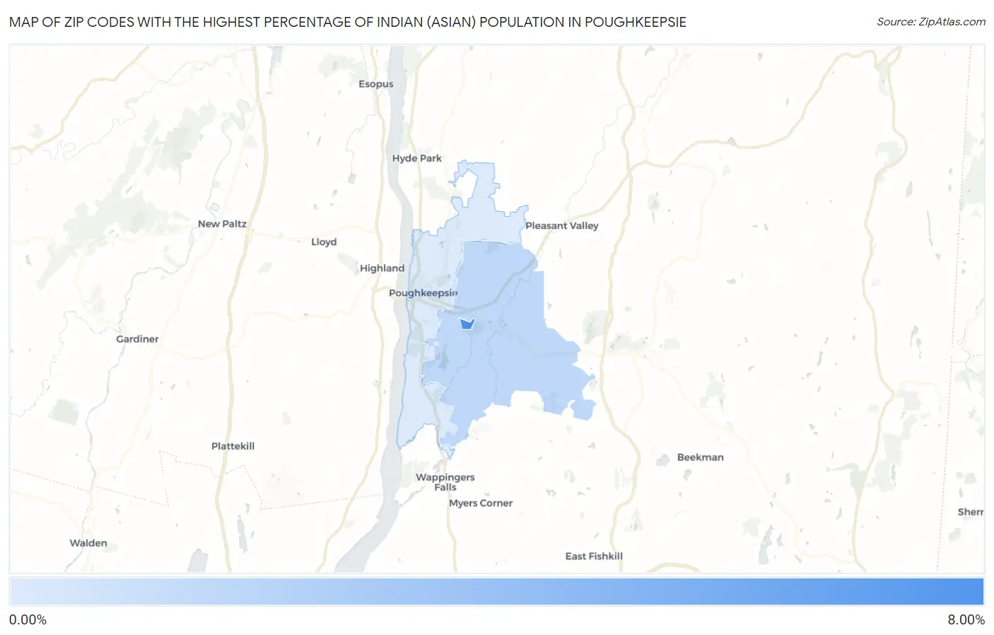 Zip Codes with the Highest Percentage of Indian (Asian) Population in Poughkeepsie Map