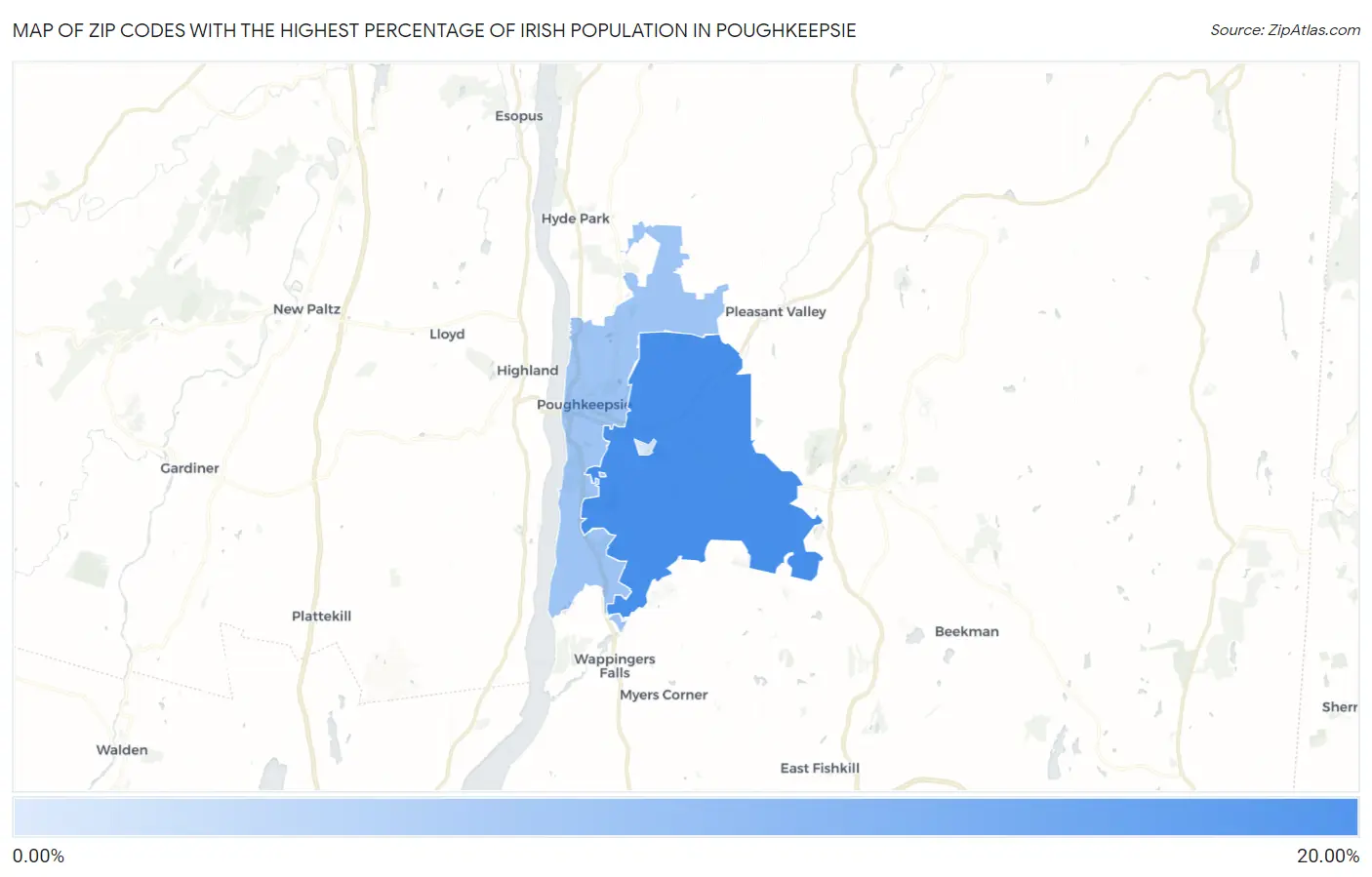Zip Codes with the Highest Percentage of Irish Population in Poughkeepsie Map