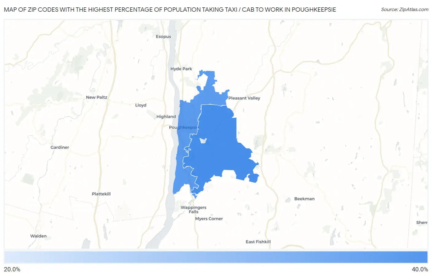 Zip Codes with the Highest Percentage of Population Taking Taxi / Cab to Work in Poughkeepsie Map