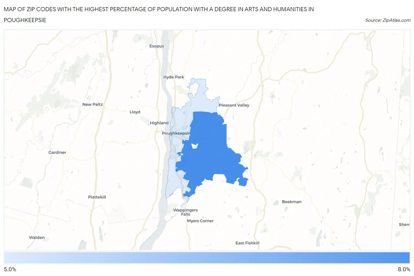 Zip Codes with the Highest Percentage of Population with a Degree in Arts and Humanities in Poughkeepsie Map