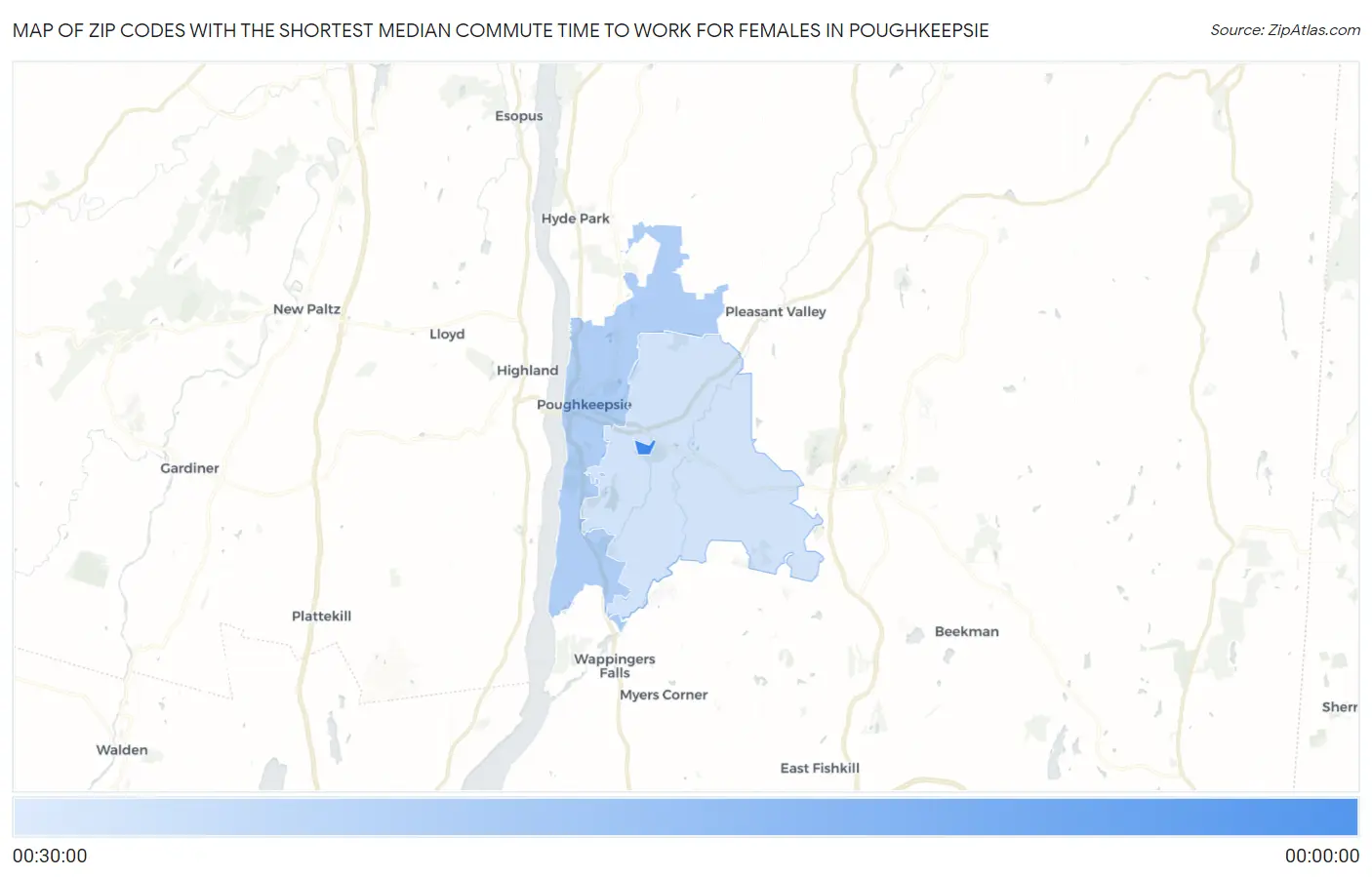 Zip Codes with the Shortest Median Commute Time to Work for Females in Poughkeepsie Map