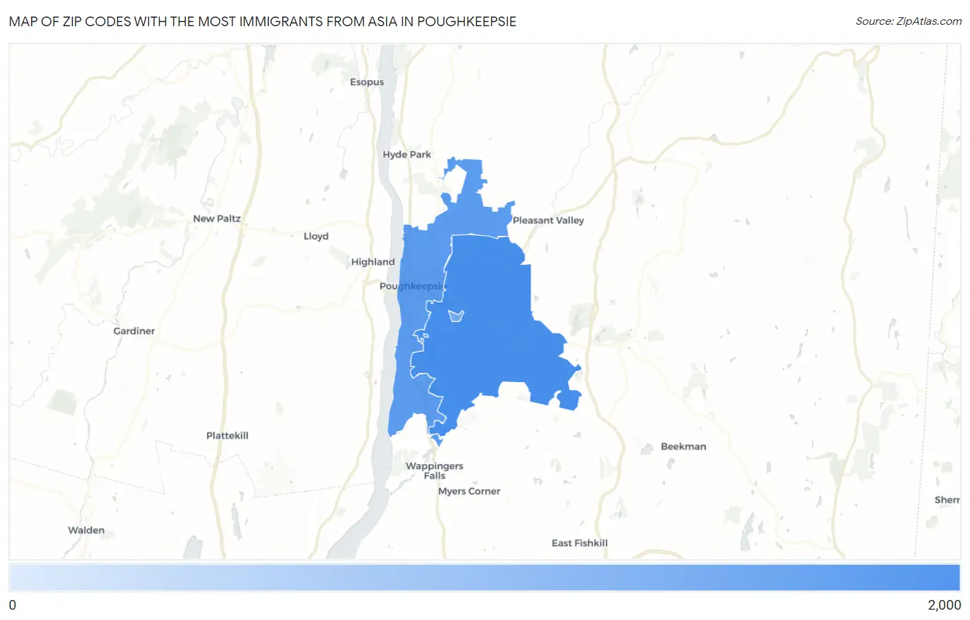 Zip Codes with the Most Immigrants from Asia in Poughkeepsie Map