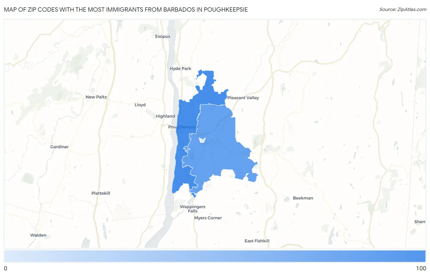 Zip Codes with the Most Immigrants from Barbados in Poughkeepsie Map
