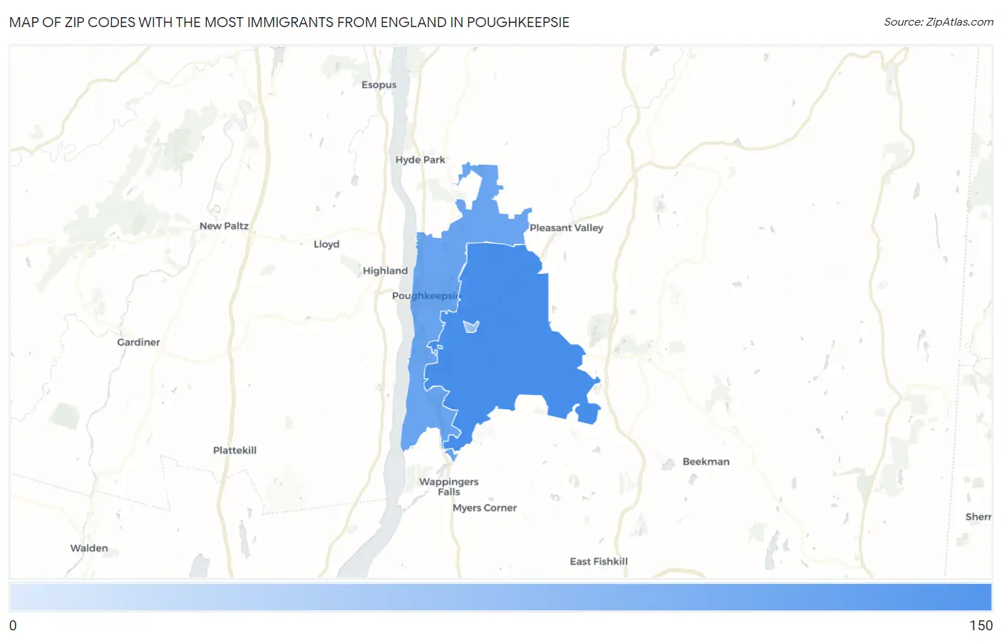 Zip Codes with the Most Immigrants from England in Poughkeepsie Map