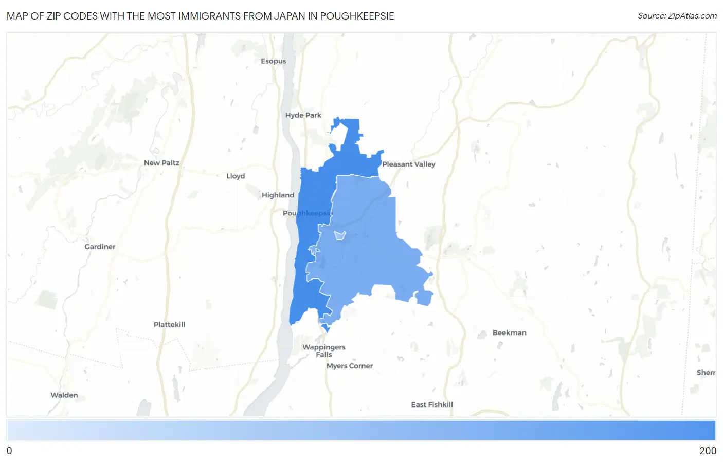 Zip Codes with the Most Immigrants from Japan in Poughkeepsie Map
