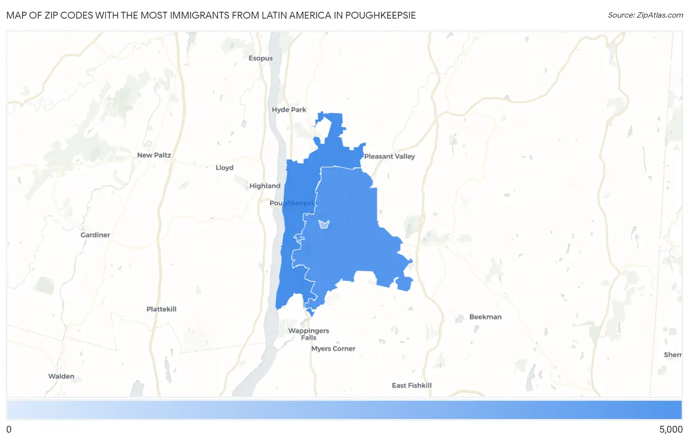 Zip Codes with the Most Immigrants from Latin America in Poughkeepsie Map
