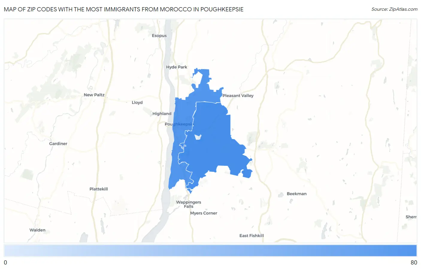 Zip Codes with the Most Immigrants from Morocco in Poughkeepsie Map