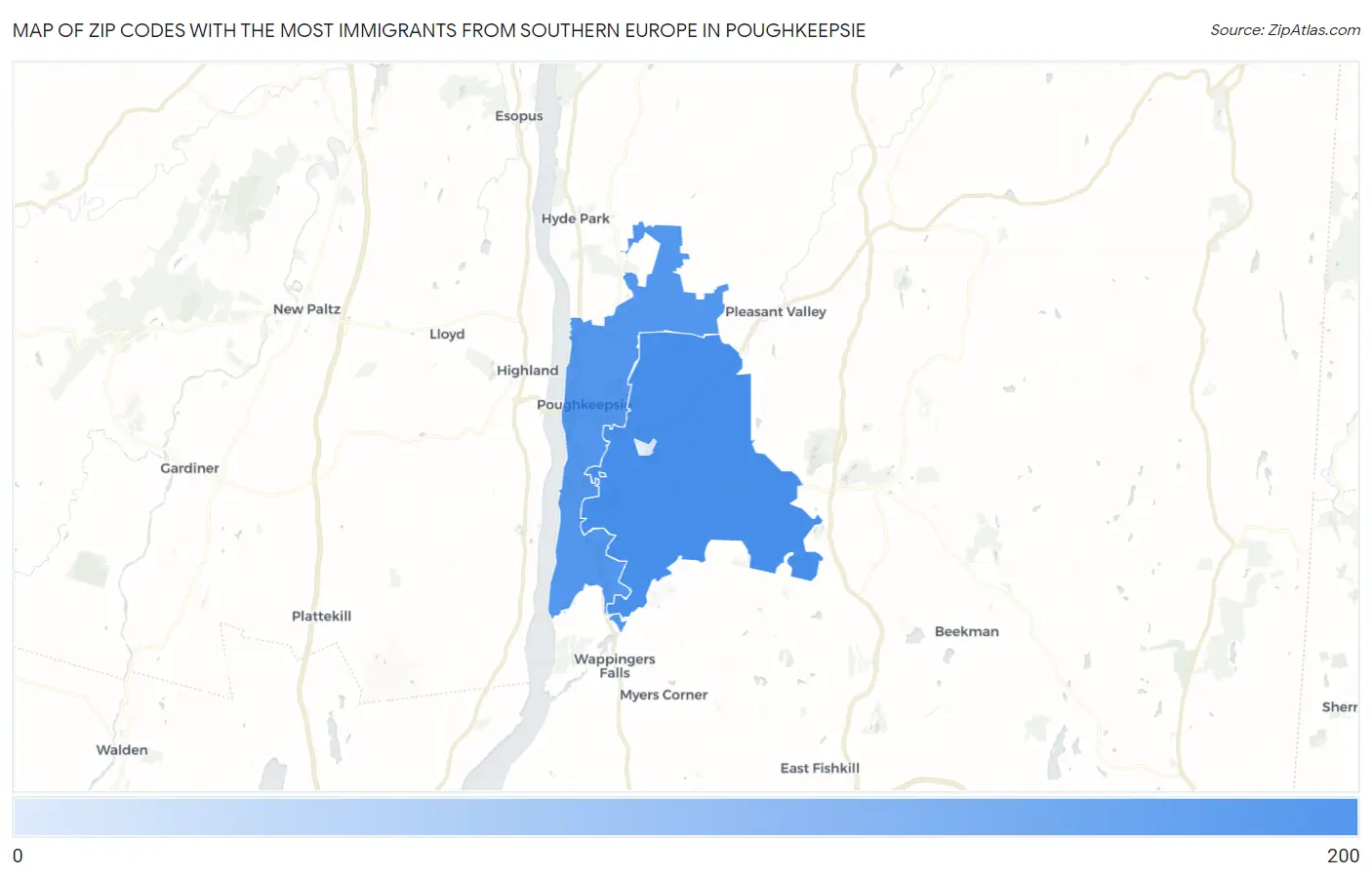 Zip Codes with the Most Immigrants from Southern Europe in Poughkeepsie Map