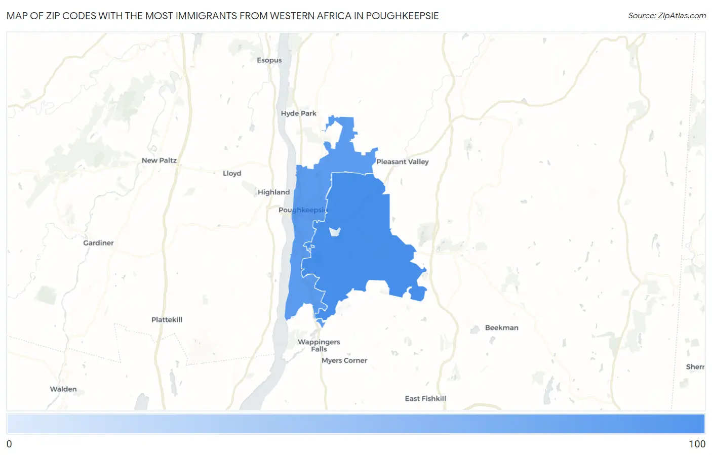 Zip Codes with the Most Immigrants from Western Africa in Poughkeepsie Map