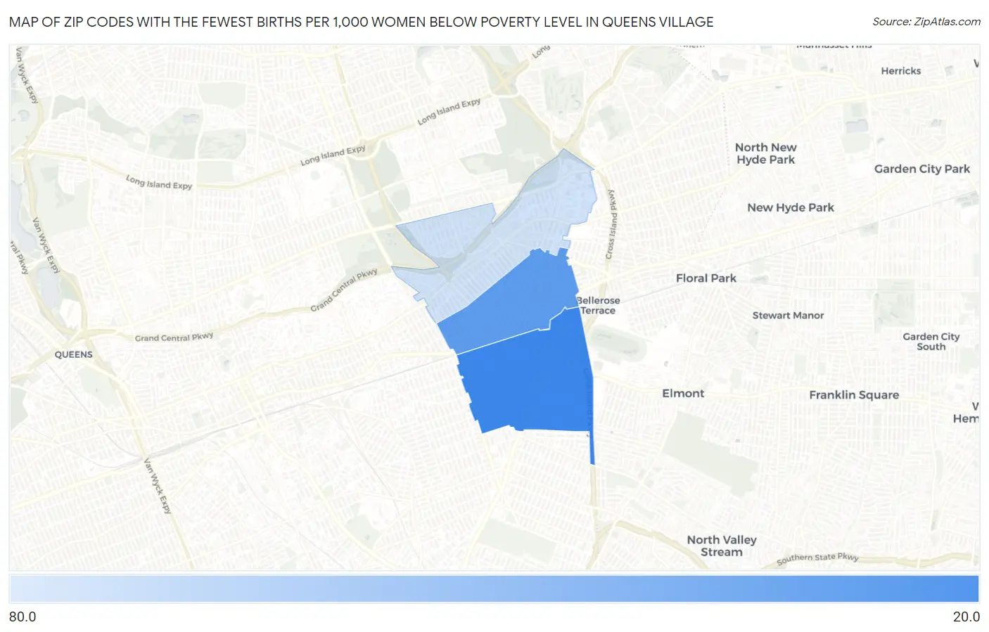 Zip Codes with the Fewest Births per 1,000 Women Below Poverty Level in Queens Village Map
