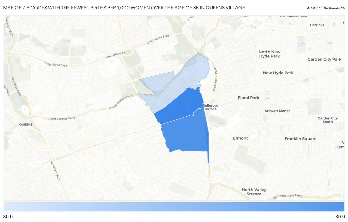 Zip Codes with the Fewest Births per 1,000 Women Over the Age of 35 in Queens Village Map