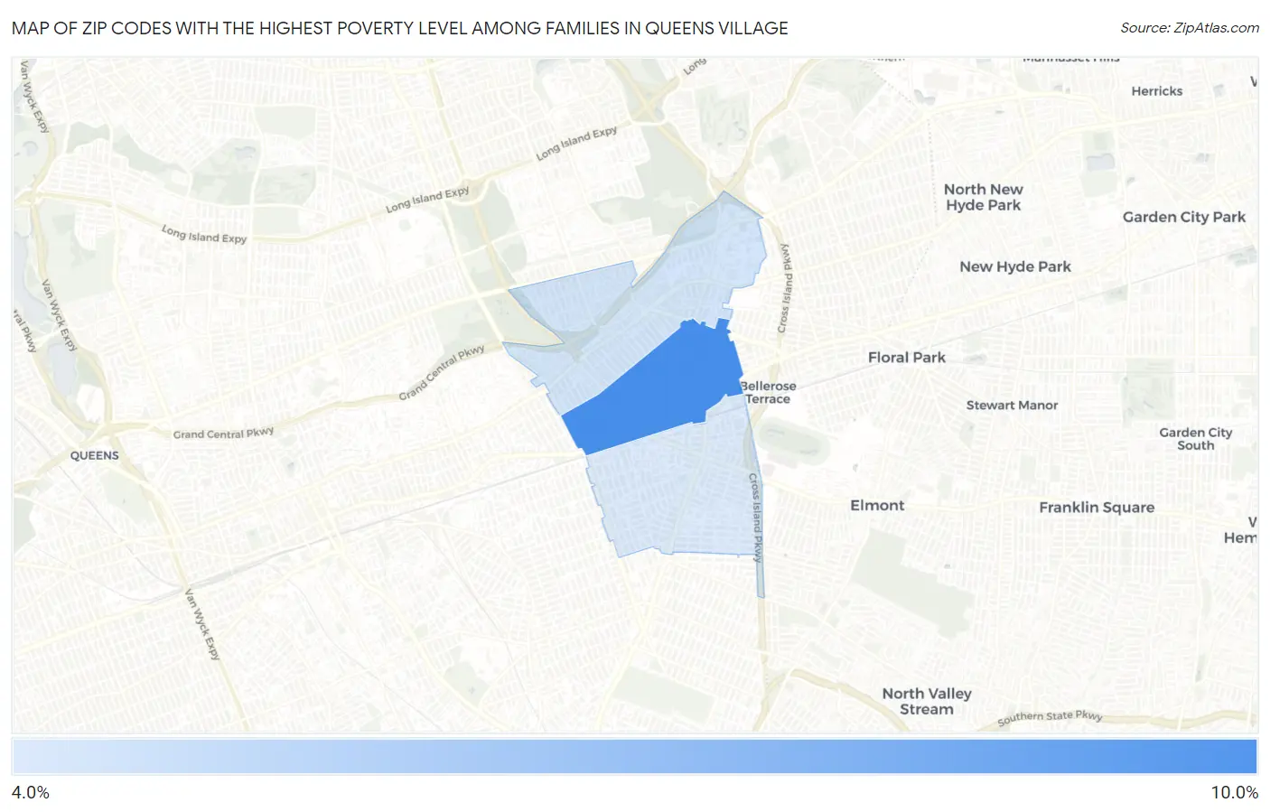Zip Codes with the Highest Poverty Level Among Families in Queens Village Map