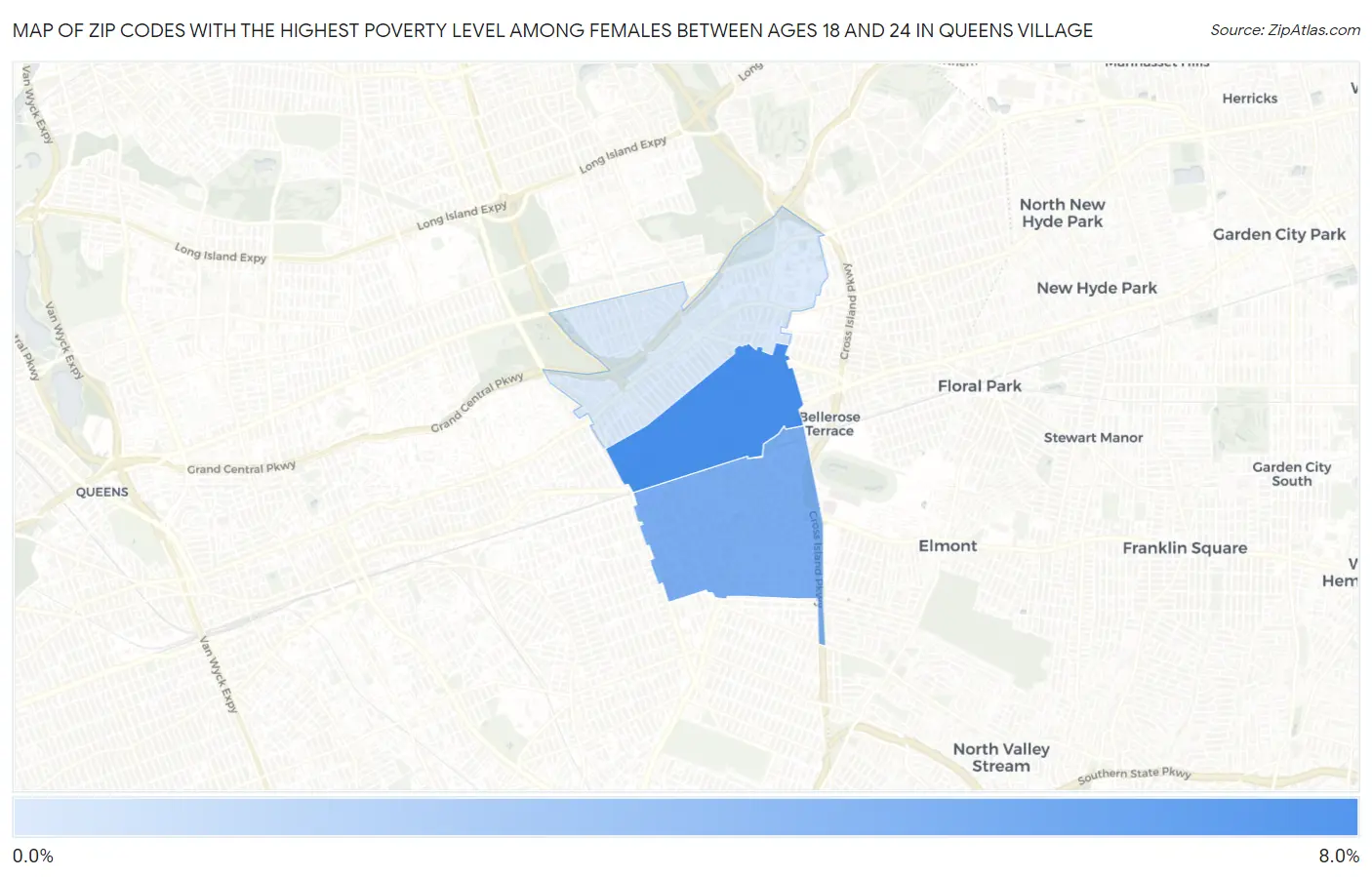 Zip Codes with the Highest Poverty Level Among Females Between Ages 18 and 24 in Queens Village Map