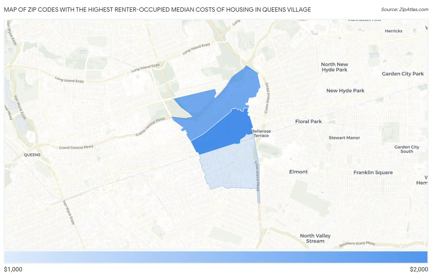 Zip Codes with the Highest Renter-Occupied Median Costs of Housing in Queens Village Map