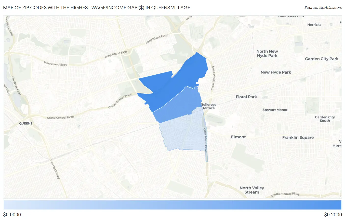 Zip Codes with the Highest Wage/Income Gap ($) in Queens Village Map