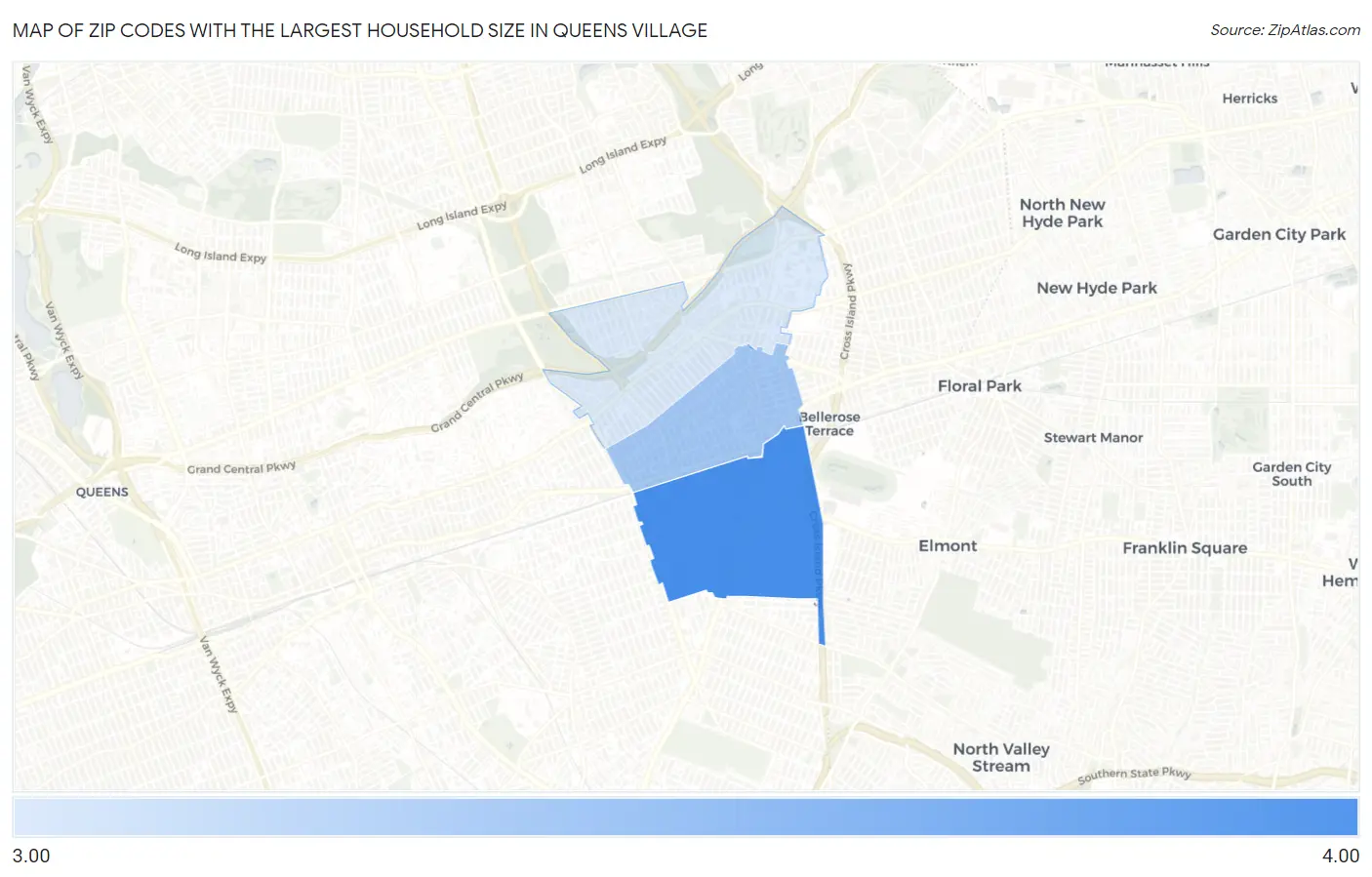 Zip Codes with the Largest Household Size in Queens Village Map
