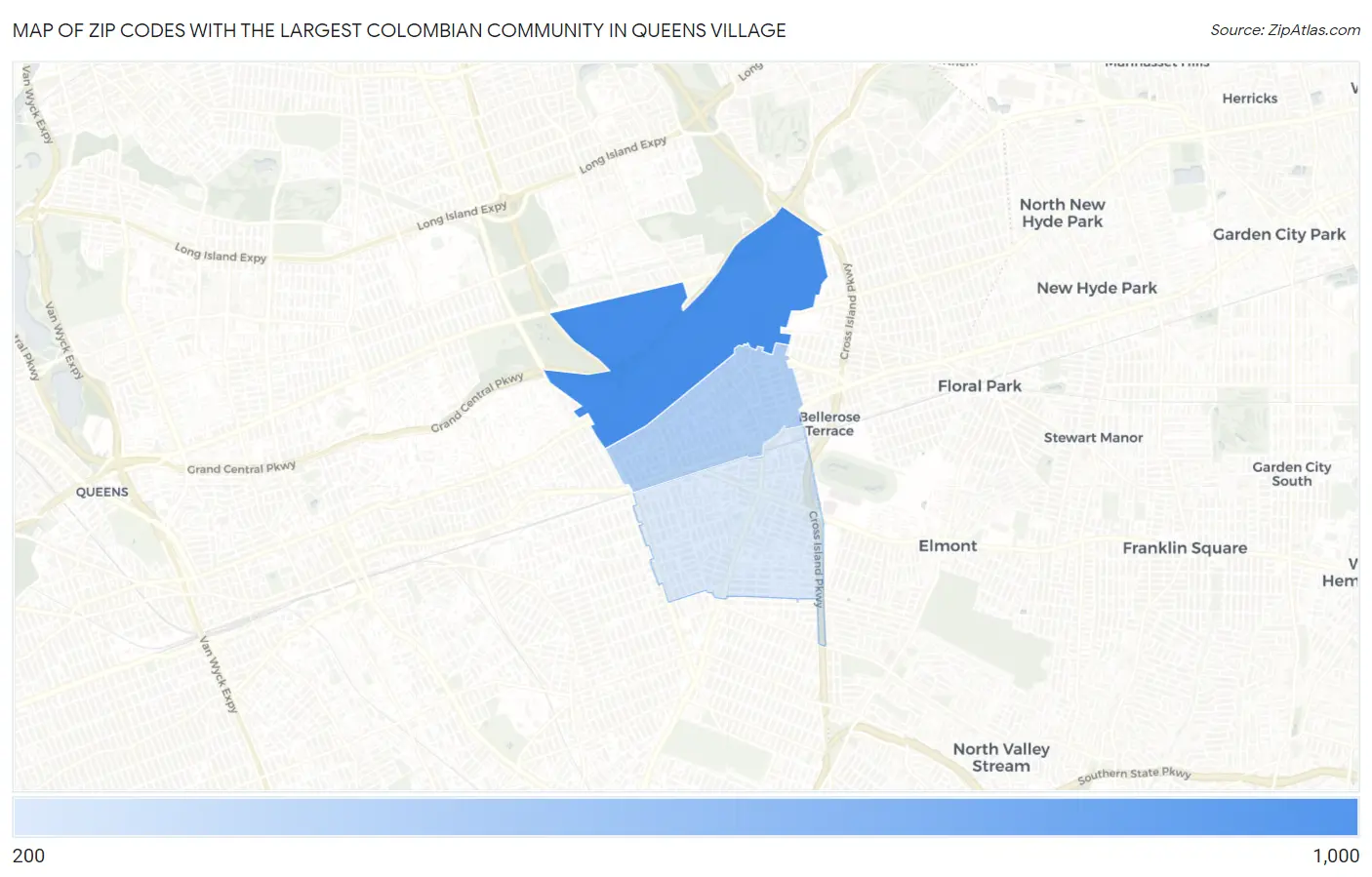 Zip Codes with the Largest Colombian Community in Queens Village Map