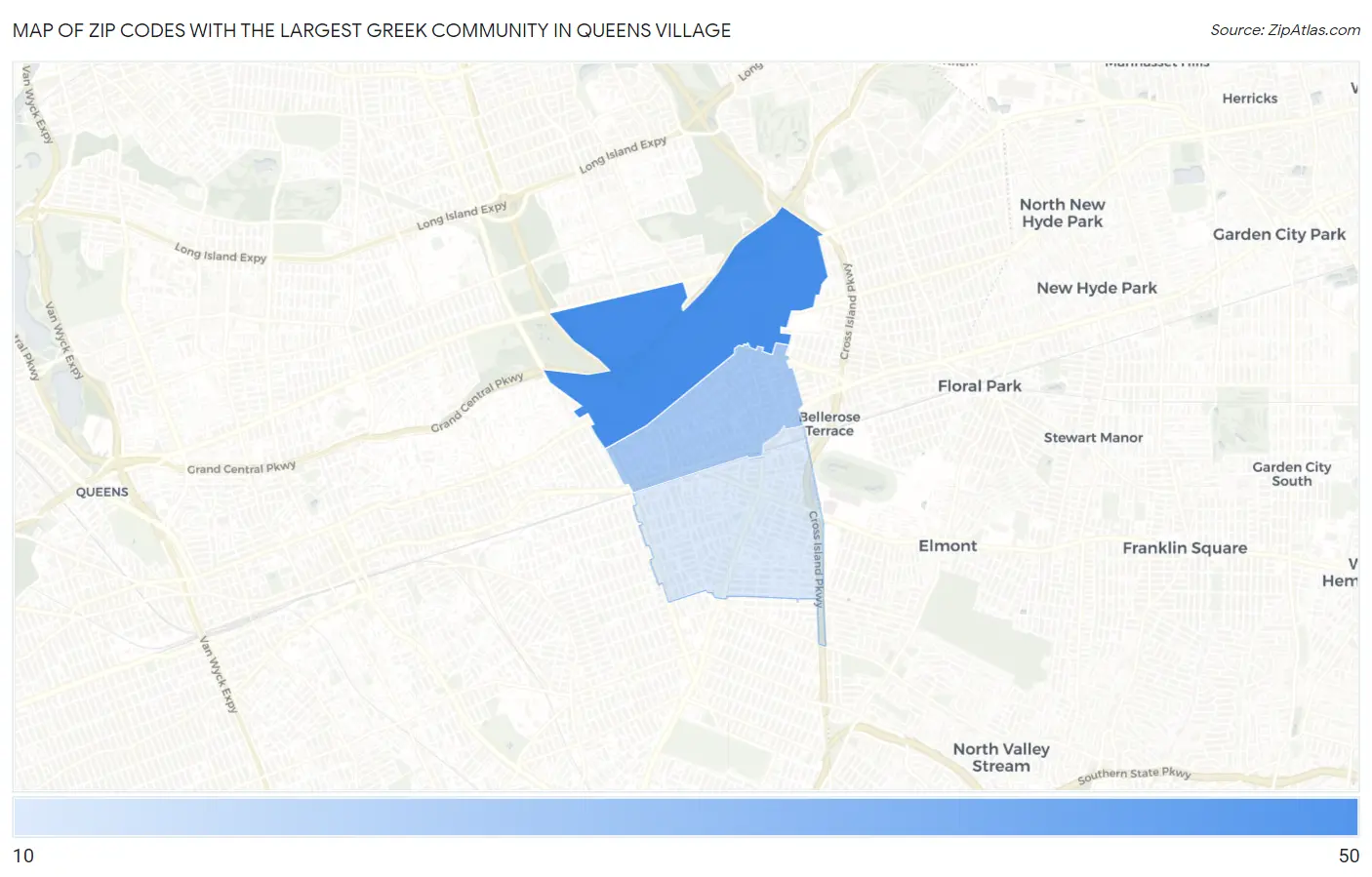 Zip Codes with the Largest Greek Community in Queens Village Map