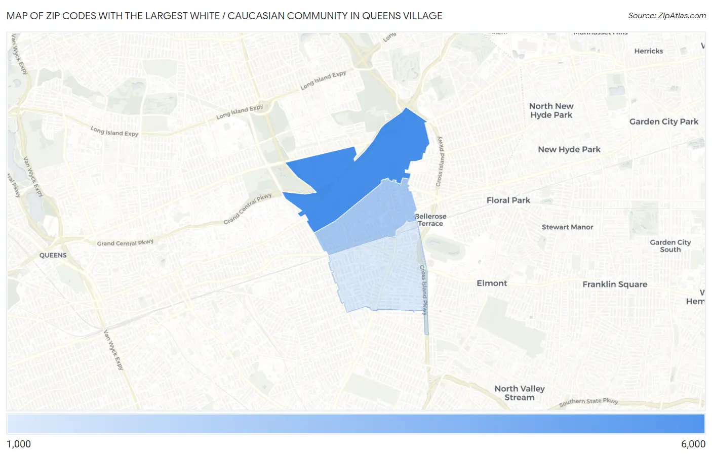 Zip Codes with the Largest White / Caucasian Community in Queens Village Map