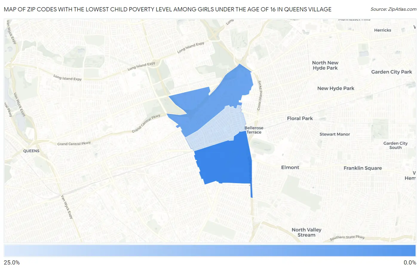 Zip Codes with the Lowest Child Poverty Level Among Girls Under the Age of 16 in Queens Village Map