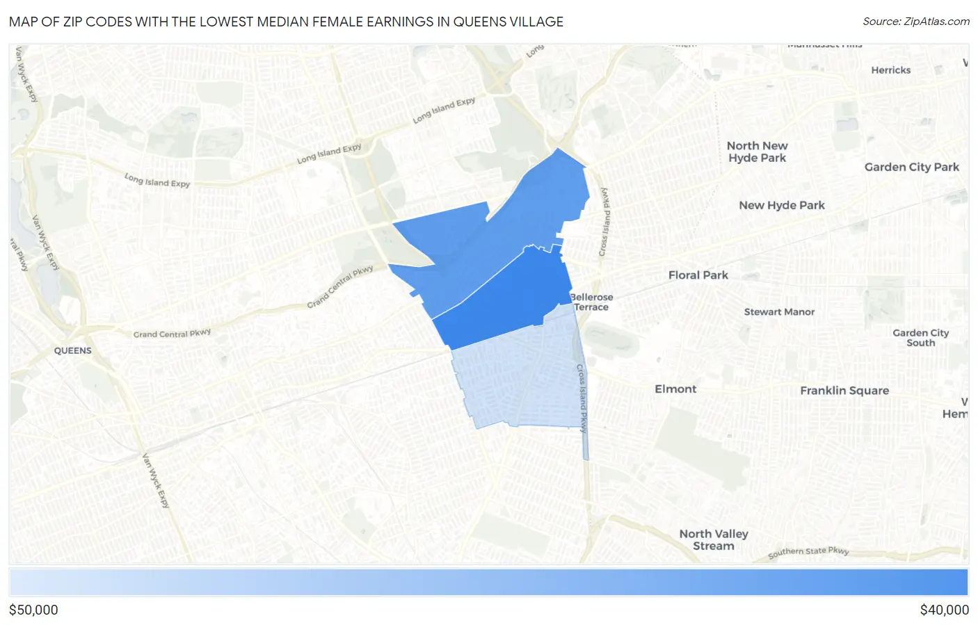 Zip Codes with the Lowest Median Female Earnings in Queens Village Map
