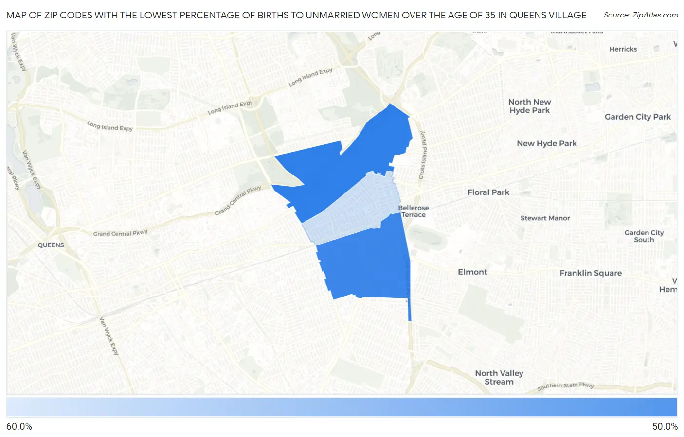 Zip Codes with the Lowest Percentage of Births to Unmarried Women over the Age of 35 in Queens Village Map