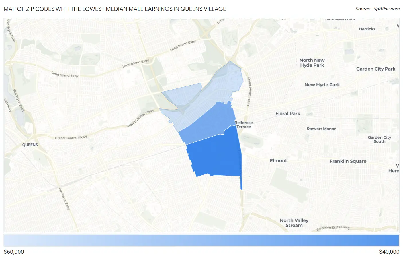Zip Codes with the Lowest Median Male Earnings in Queens Village Map